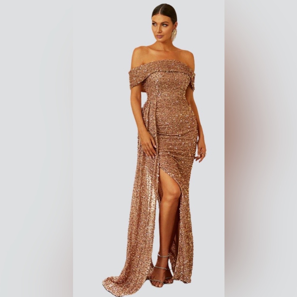 Miss ord Beige Off Shoulder Sequin High Split Prom Dress